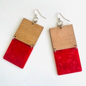 Wood N Red Marble Swirl Square Earrings